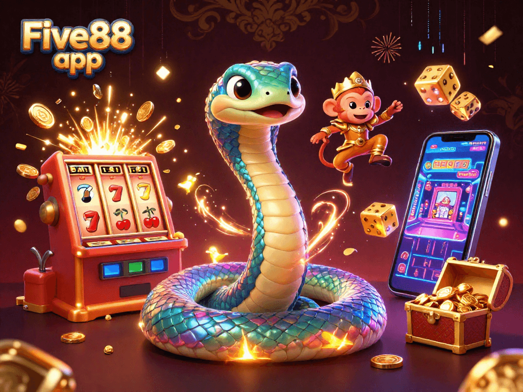Engage with the vibrant Five88 app showcasing a colorful casino adventure, featuring a rainbow serpent and golden monkey king.