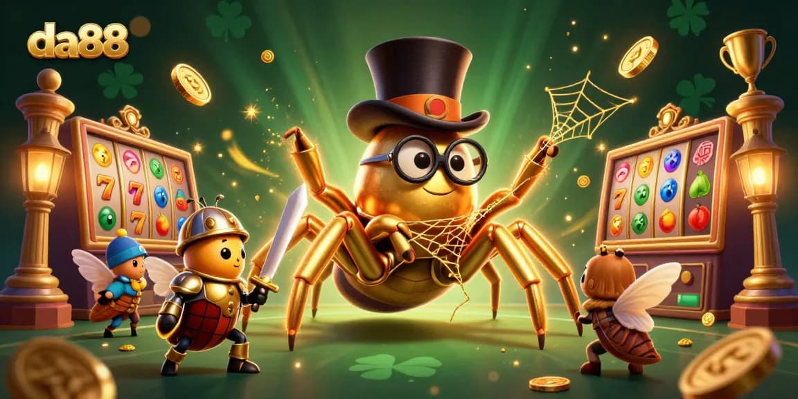 Experience thrilling gambling at da88 with a giant golden tarantula and beetle knight in a vibrant casino setting.