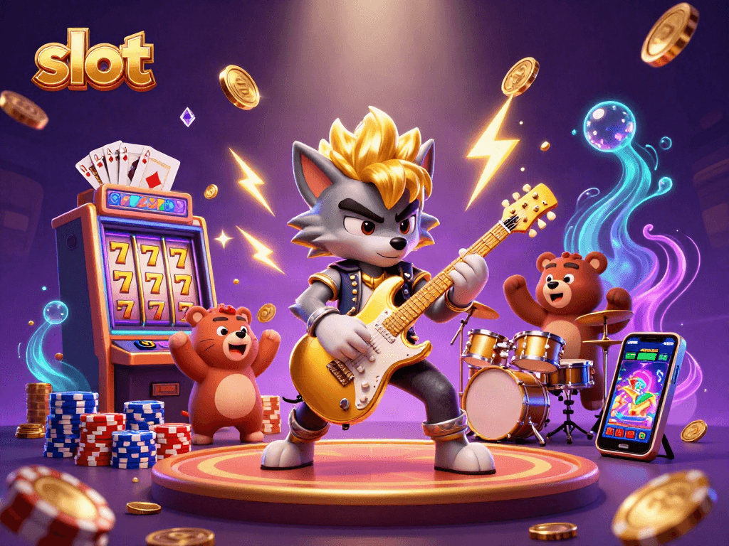 Experience the thrill of slot machines with a vibrant rock star scene full of action and golden winnings.