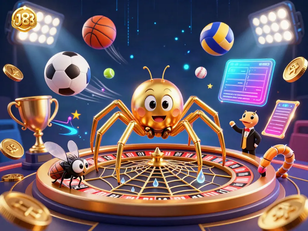 Experience the thrill of betting with Jw88 as a golden spider and croupier engage in a vibrant casino scene.