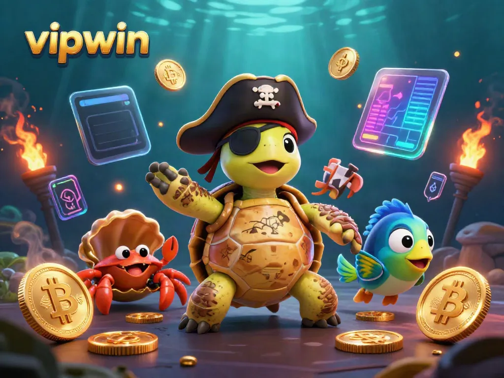 Experience thrilling gaming at vipwin with vibrant casino-themed characters and blockchain elements.