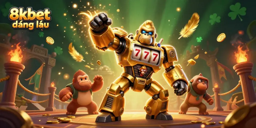 Engaging 3D scene showcasing the action of 8xbet đăng nhập through a vibrant casino battle with the golden gorilla mech.