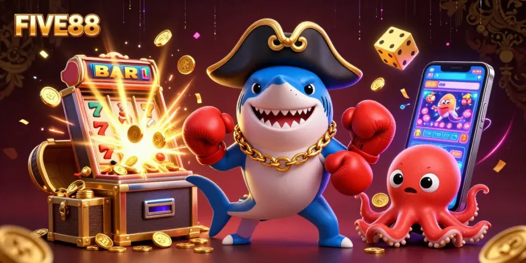 Engage with the exciting FIVE88 gaming experience featuring dynamic characters and rich casino elements.