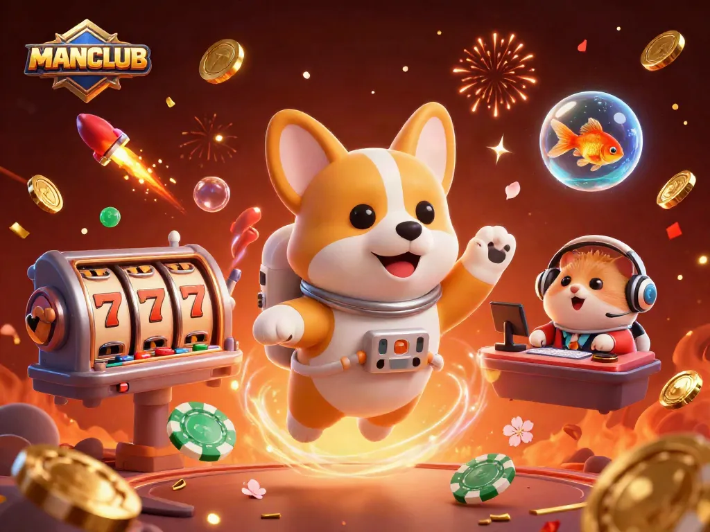Spin for wins at MANCLUB, where a corgi and friends float amidst vibrant casino chaos.