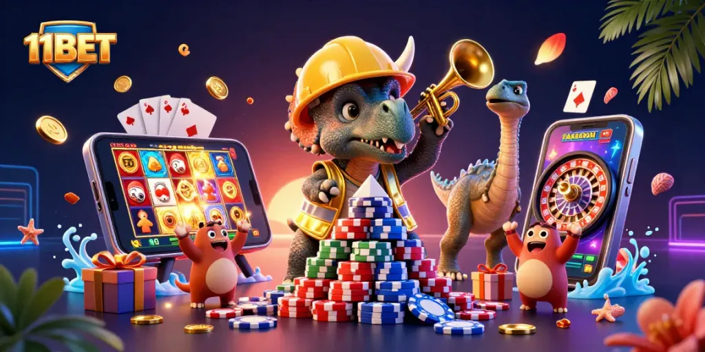 11BET showcases a dynamic casino scene with a triceratops building poker chips and a celebrating parasaurolophus.