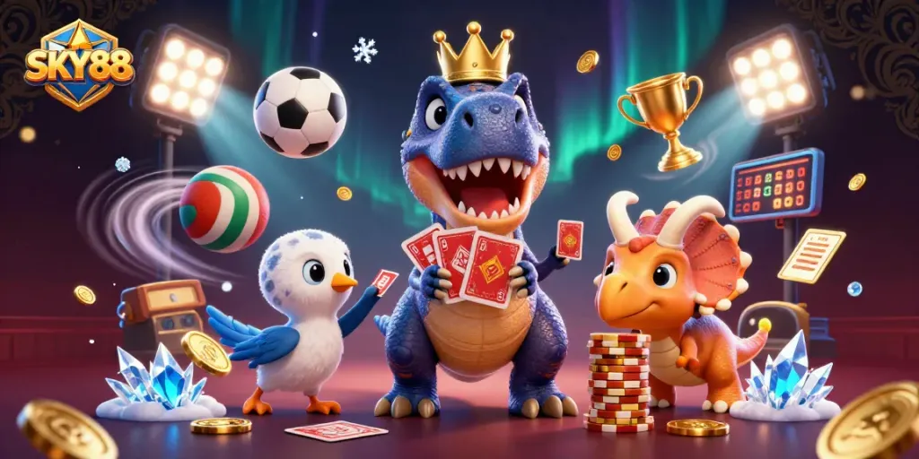 Engage in thrilling gameplay with SKY88, featuring animated characters and dynamic casino elements.
