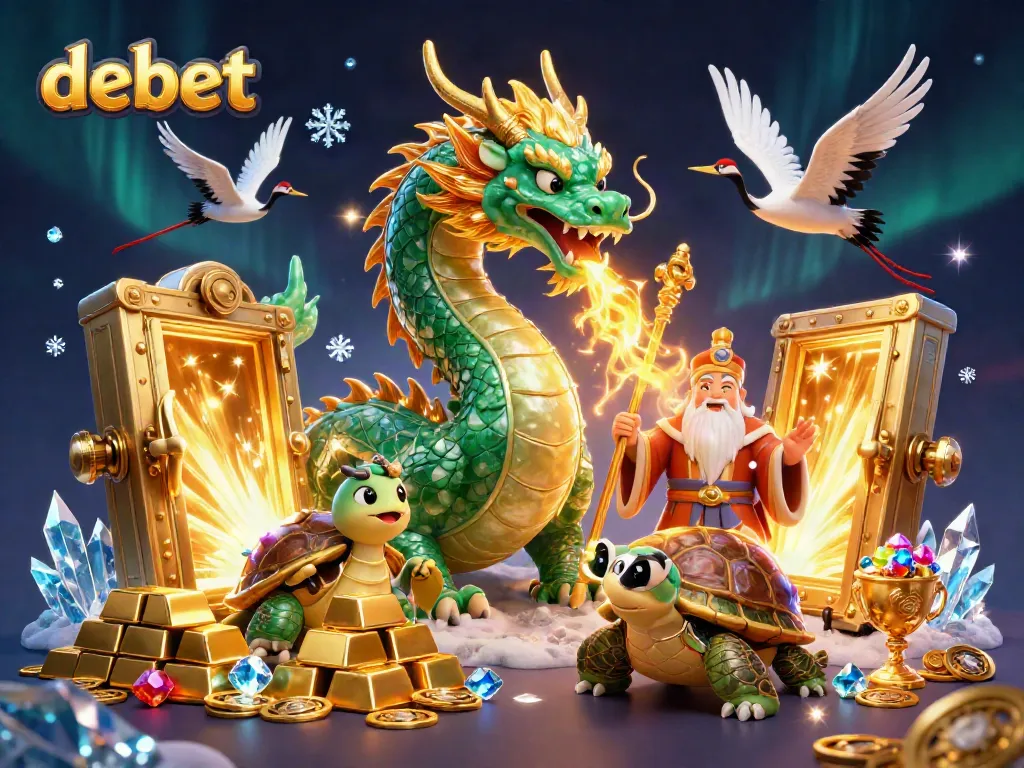 Catching the debet wave with a majestic dragon and a turtle sage, adorned with treasures and mystic lights.