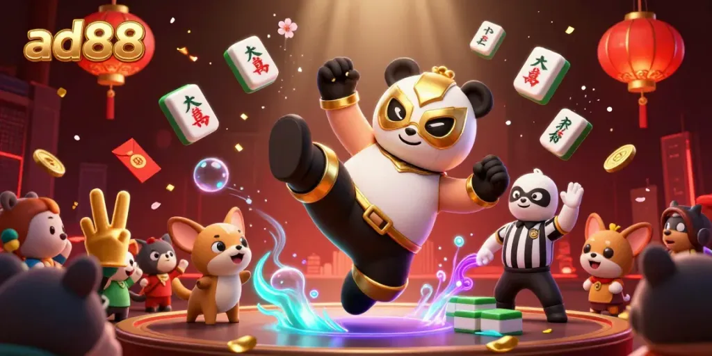 Experience excitement at ad88 with a lively wrestling scene, engaging spectators, and floating casino elements.