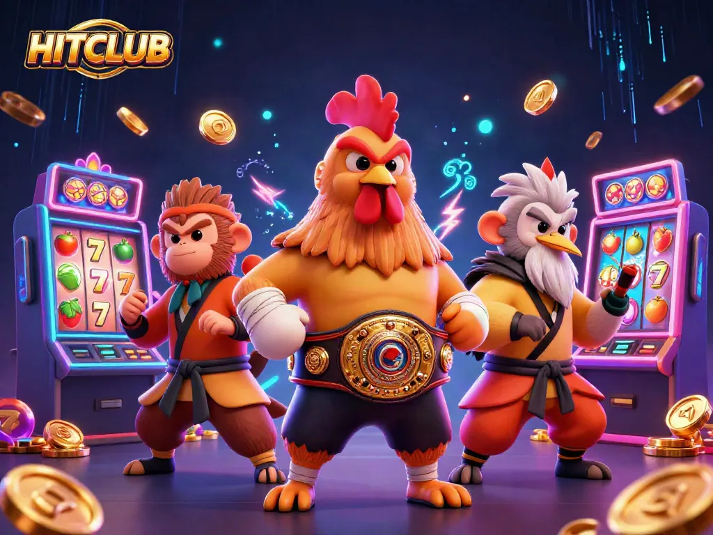 Experience dynamic gaming at HITCLUB with vibrant slot reels and playful characters in a lively casino