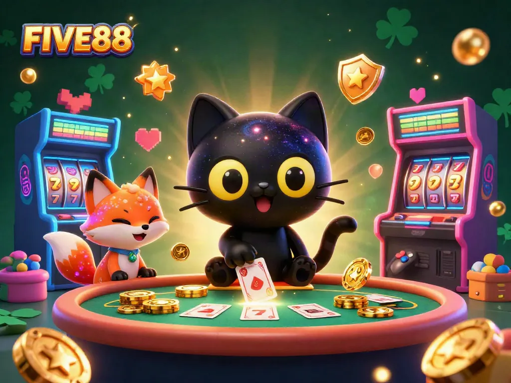 Engage with FIVE88's cosmic casino experience, featuring vibrant characters and gaming elements.