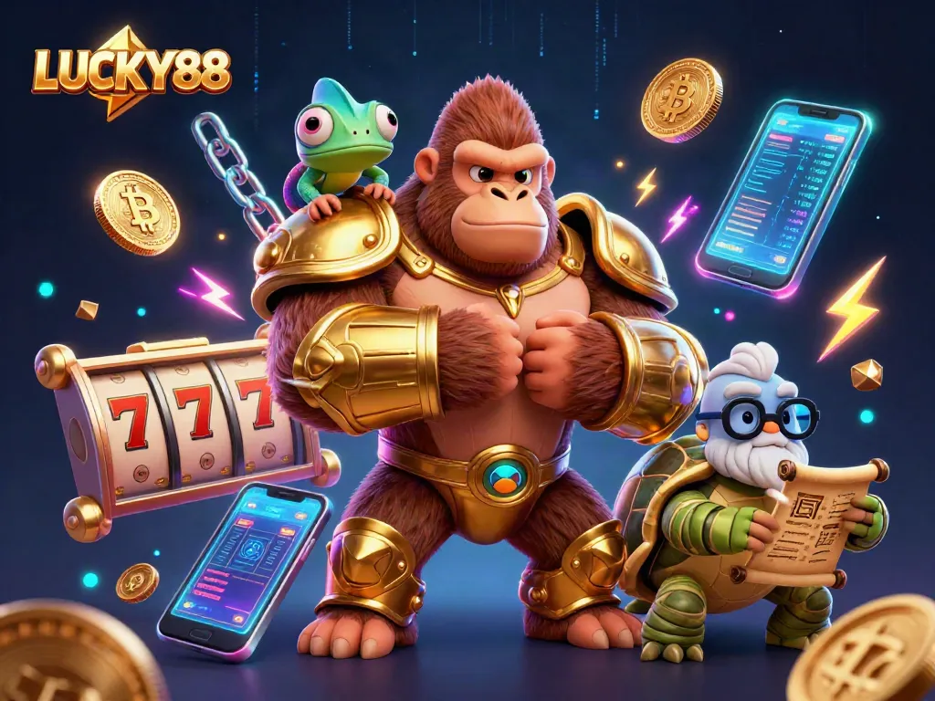 Experience exciting LUCKY88 action with a gorilla king, a chameleon, and a tortoise in a vibrant casino scene.