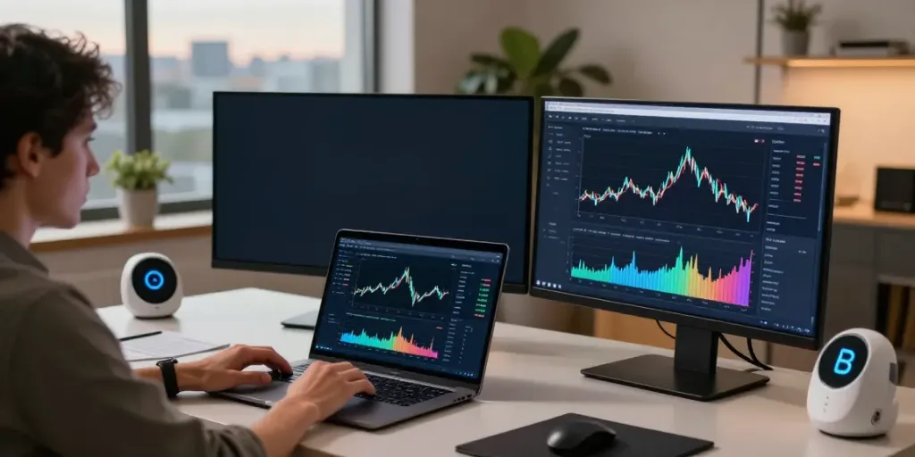 Person using quantum AI in a modern home office for crypto trading analysis.