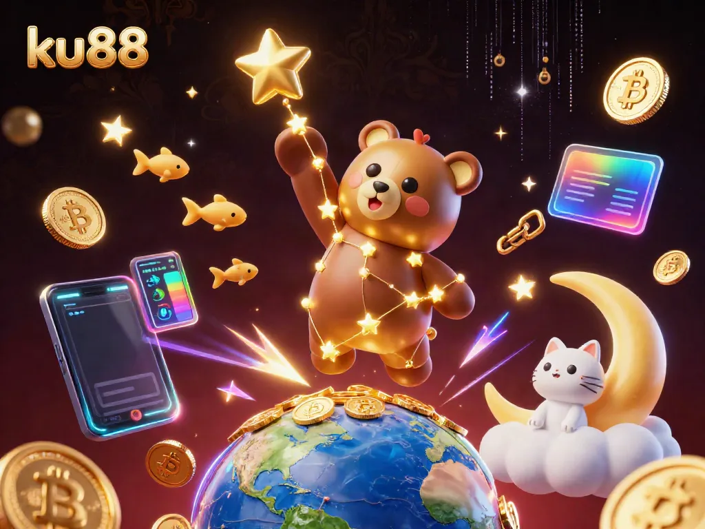 Experience thrilling gaming with ku88's vibrant 3D illustration featuring a constellation bear collecting coins.