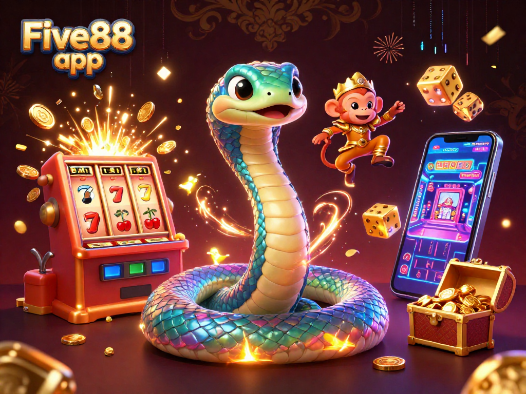 Engage with the vibrant Five88 app showcasing a colorful casino adventure, featuring a rainbow serpent and golden monkey king.
