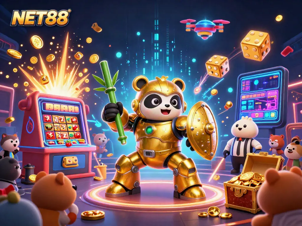 NET88 shows thrilling casino action with a panda piloting a robot amid jackpot explosions.