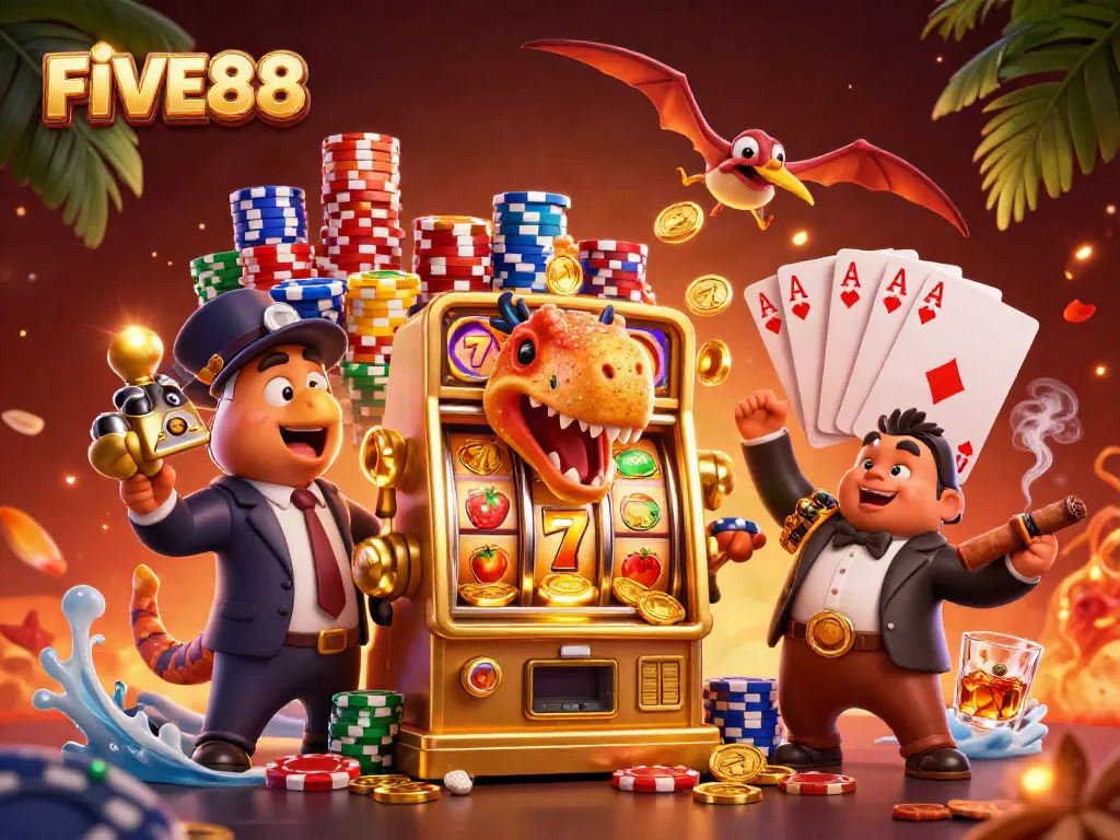 FIVE88 slot machine celebration with a pachycephalosaurus winning coins in a vibrant casino scene.