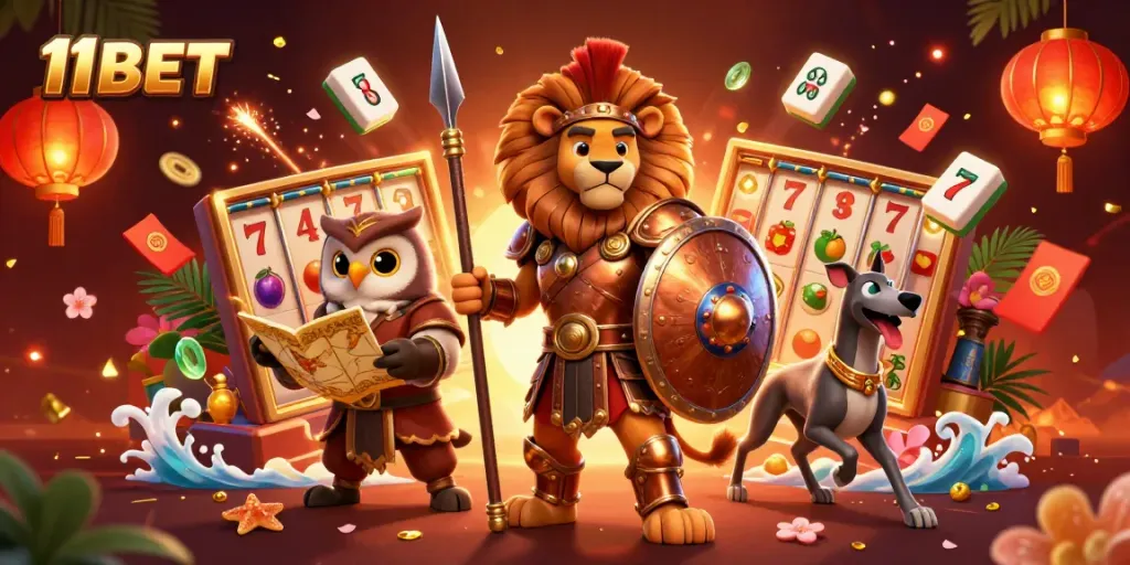 Experience thrilling casino action with 11BET featuring impressive characters in a vibrant gaming illustration.