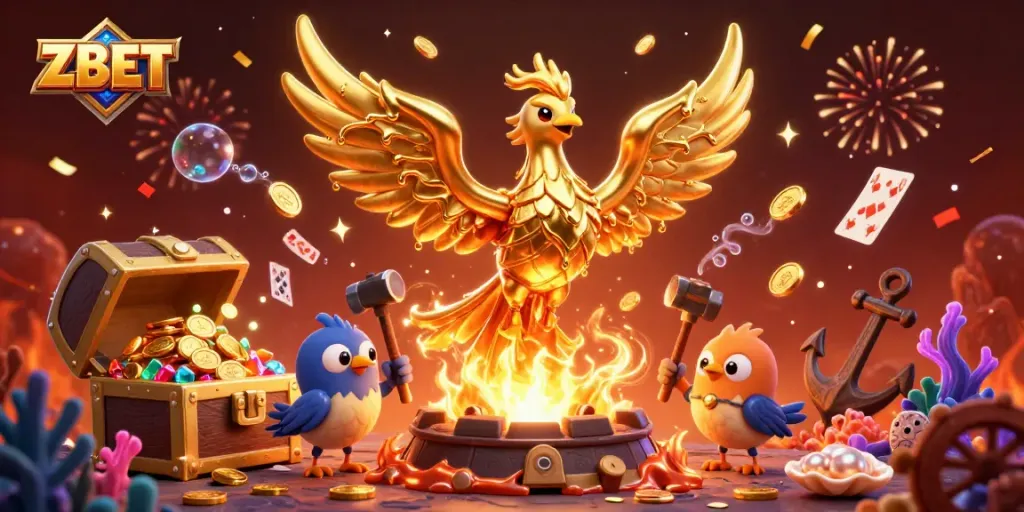 ZBET captivates players with a molten golden phoenix amid treasure in a vibrant casino scene.