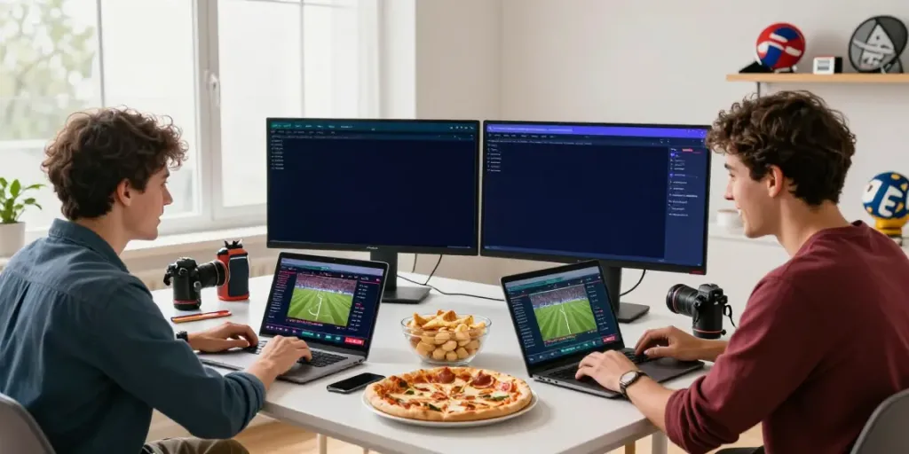 Friends engaging with Streek Sportsbook Canada in a lively home office setting.
