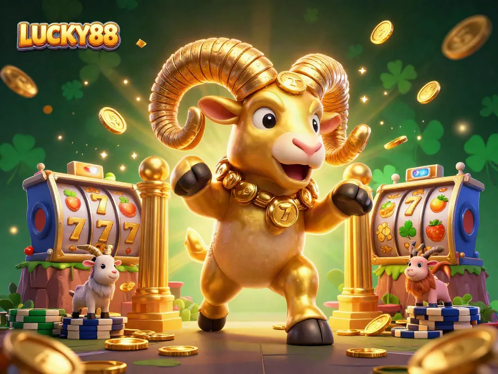 LUCKY88 slot game illustration featuring dynamic 3D golden ram and vibrant slot elements.