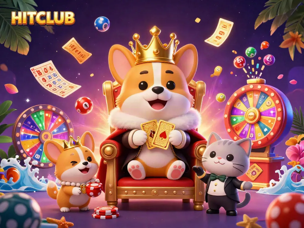 Engage in HITCLUB gaming with a royal corgi on a poker chip throne, dynamic gambling elements surround.