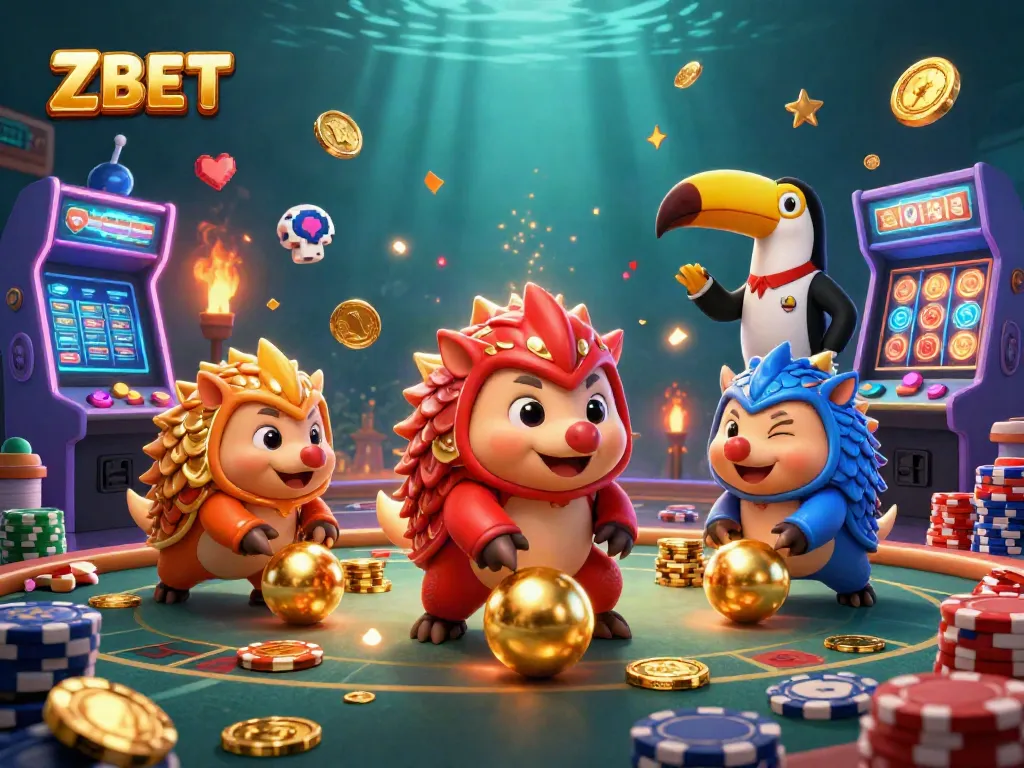ZBET pangolins compete amidst vibrant slots, poker chips, and a toucan referee.