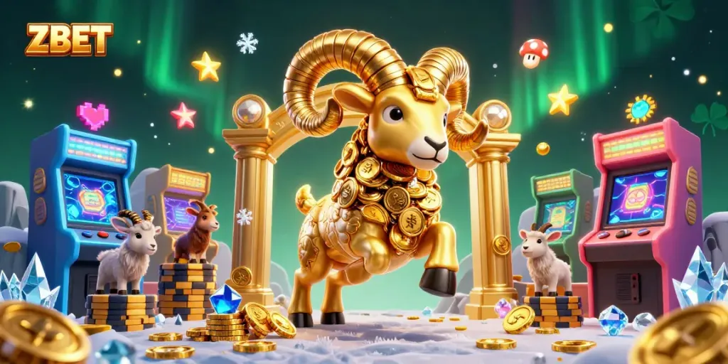 ZBET showcases a massive golden ram charging through a colorful casino-themed scene with vibrant arcade machines and game elements.