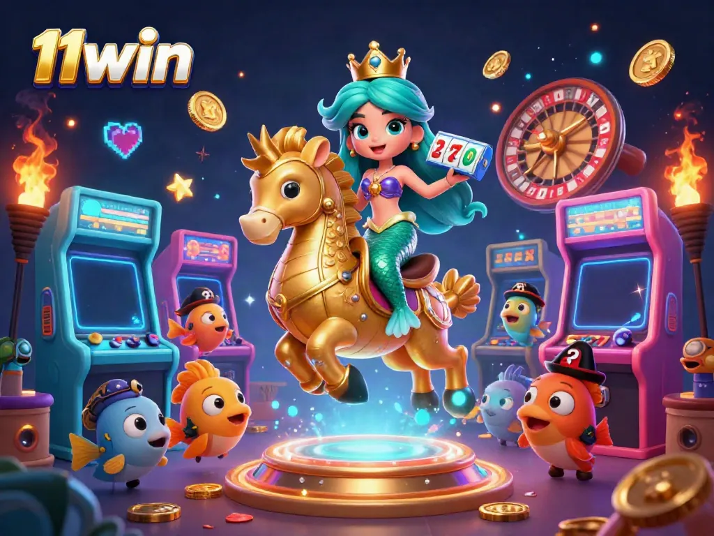 Experience the vibrant world of 11win with a mermaid princess riding a seahorse among dazzling casino games.