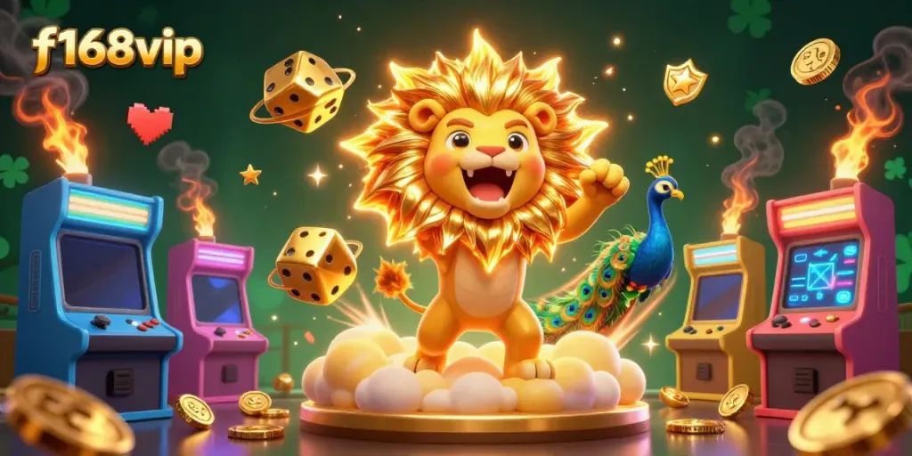 Experience thrilling gaming with f168vip in this vibrant casino-themed illustration featuring a roaring sun lion and colorful game elements.