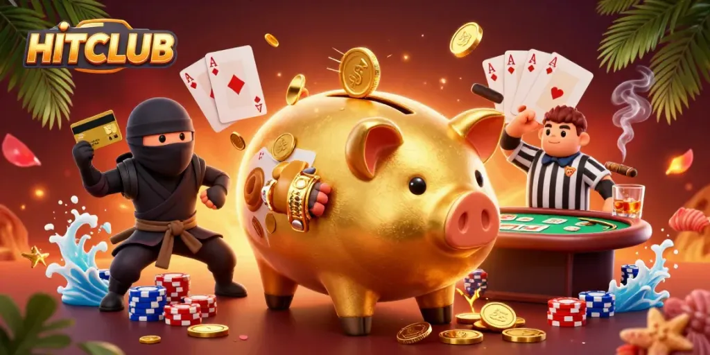 Engage in thrilling games at HITCLUB while witnessing a sumo wrestler piggy bank dominating the scene.