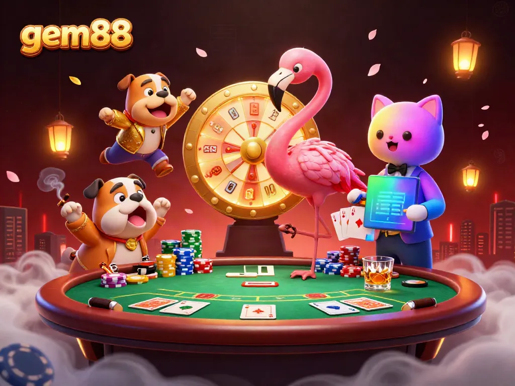 Experience exciting gaming action at gem88 with vibrant characters and a dynamic casino setting.