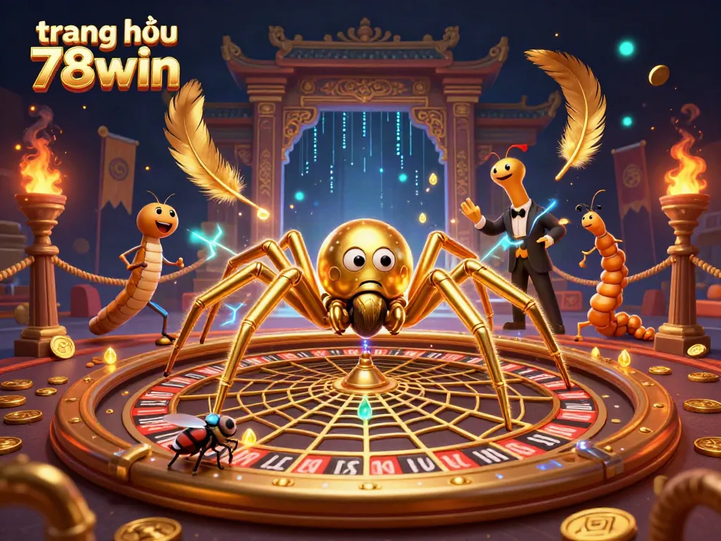 Engage with the buzzing atmosphere at trang chủ 78win as a cartoon golden spider spins a roulette wheel.