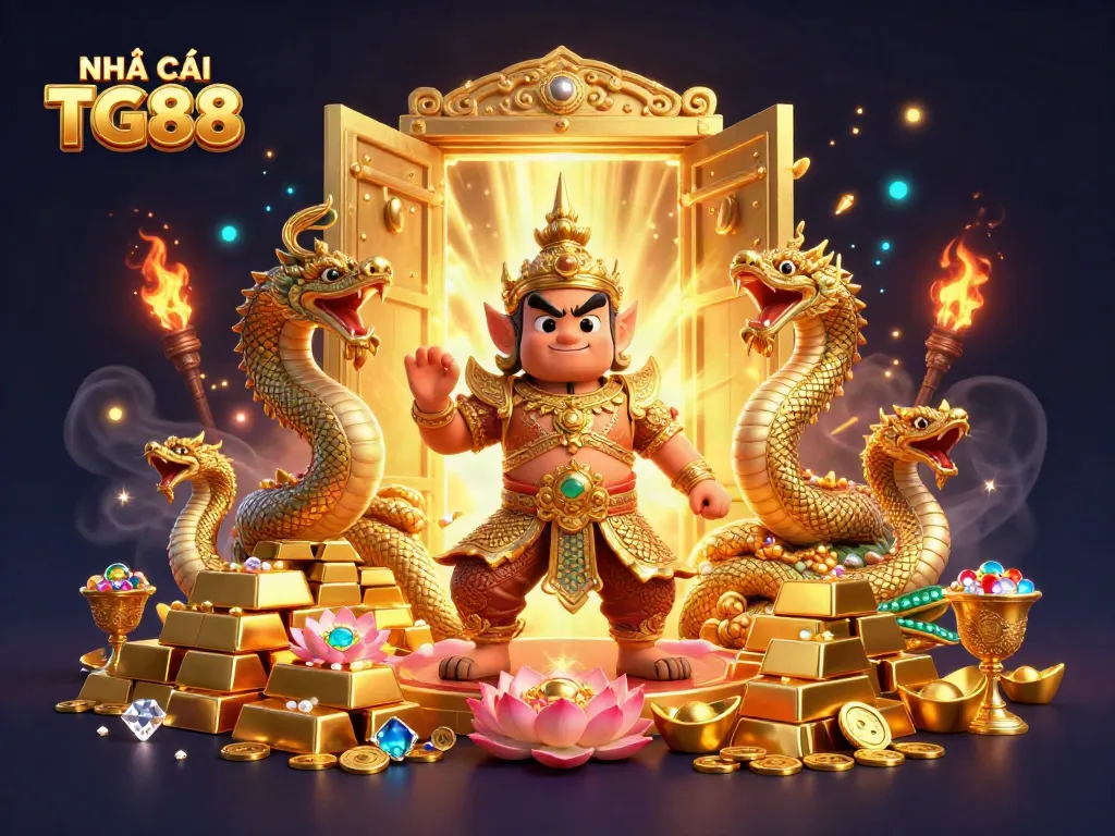 Engage with NHÀ CÁI TG88 through a vibrant 3D illustration of guardians and treasures in a casino setting.