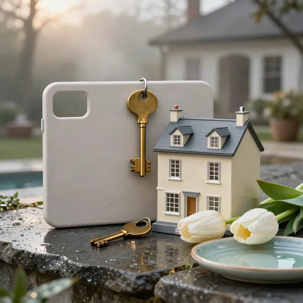 Cash-back kit with model townhouse, brass key and tulips on a wet stone terrace.