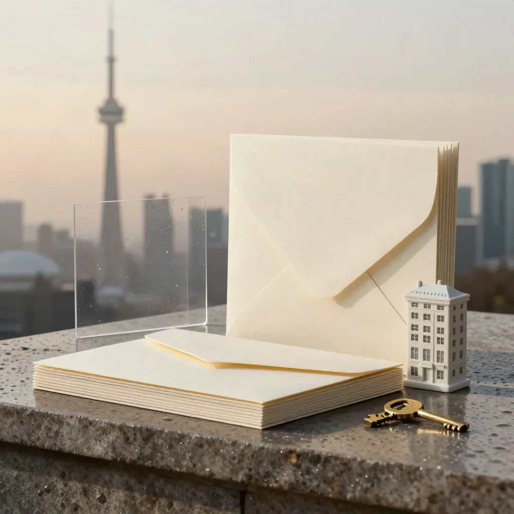 Cream buyer-rebate folders, key, envelope and townhouse on wet stone in soft dawn light.