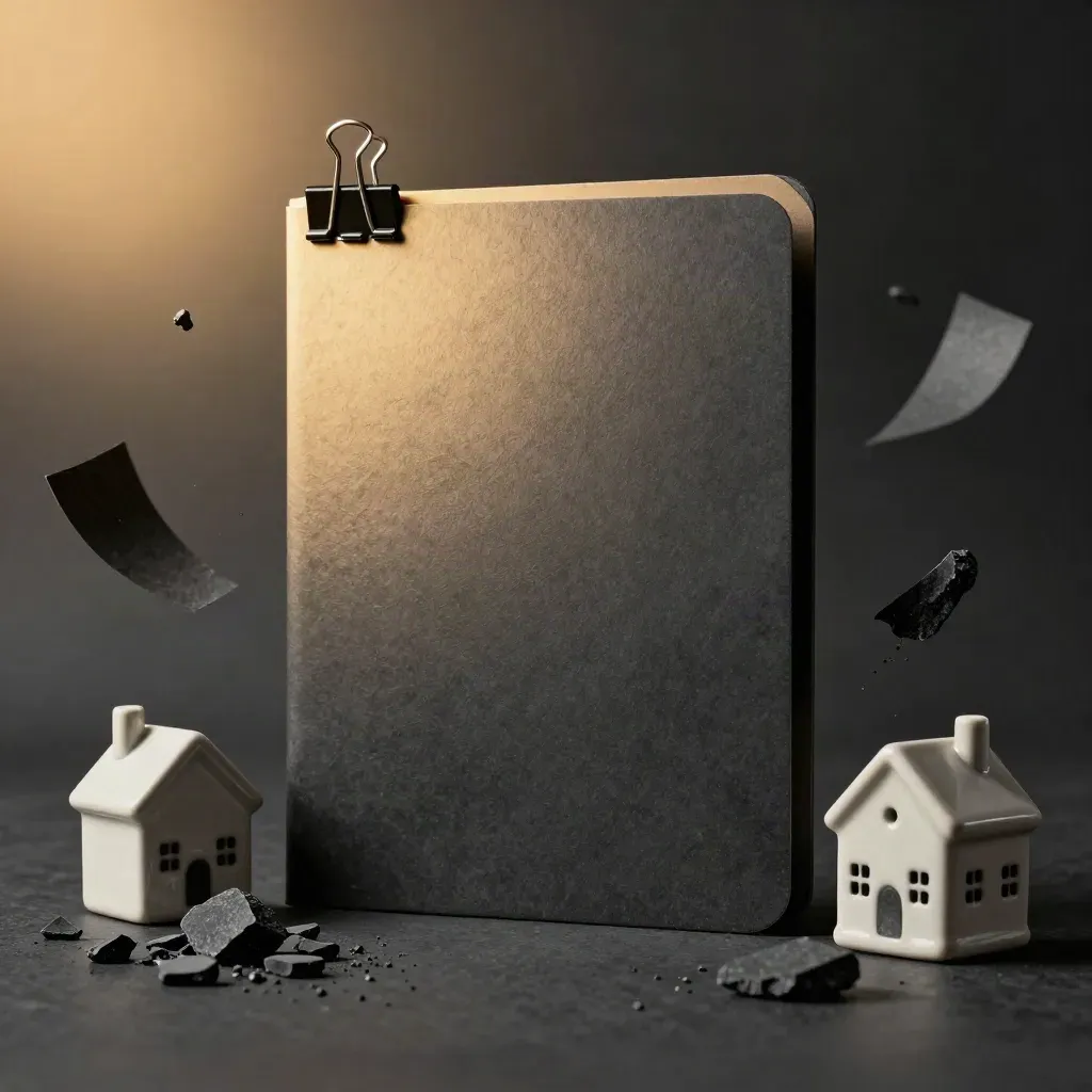 Matte listing kit with ceramic house model, black clip and graphite chips on charcoal.