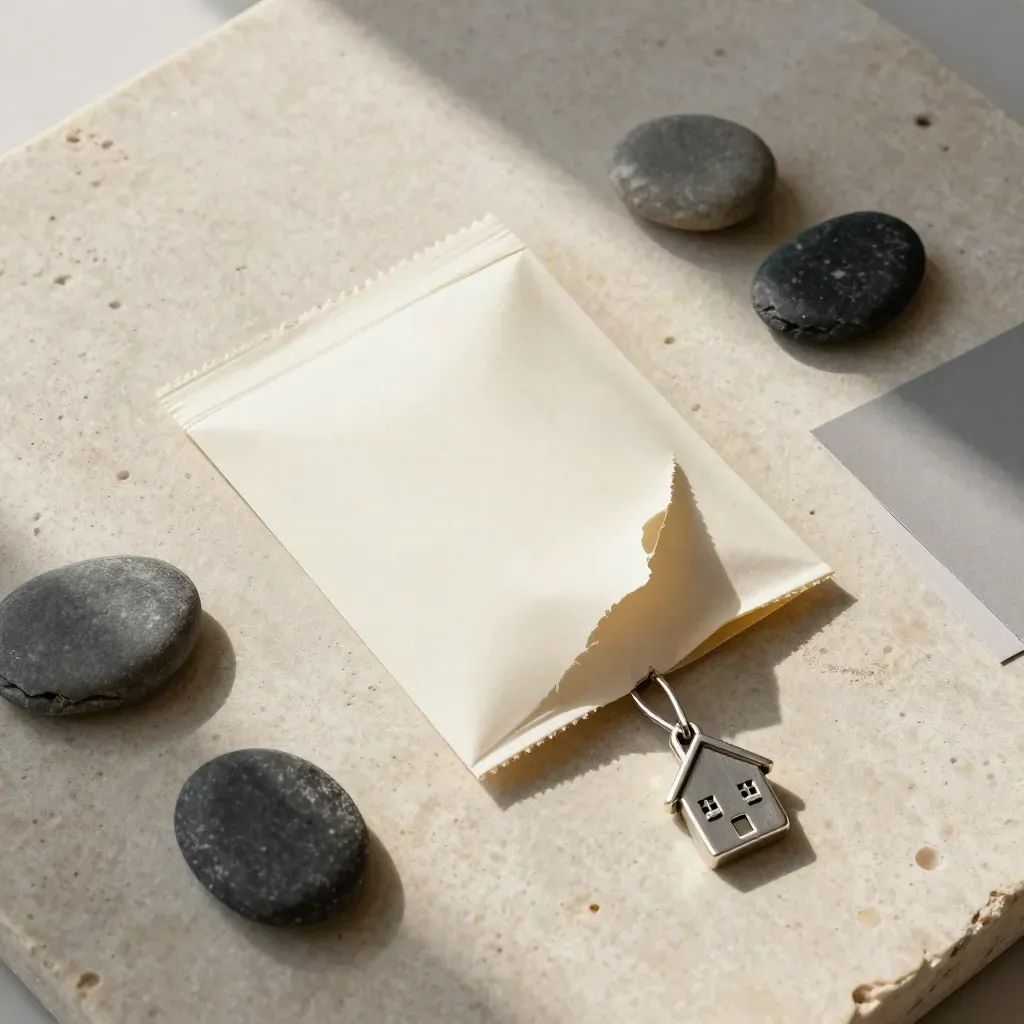 Open house alerts kit on pale limestone with cream packet, house charm and slate pebble markers.