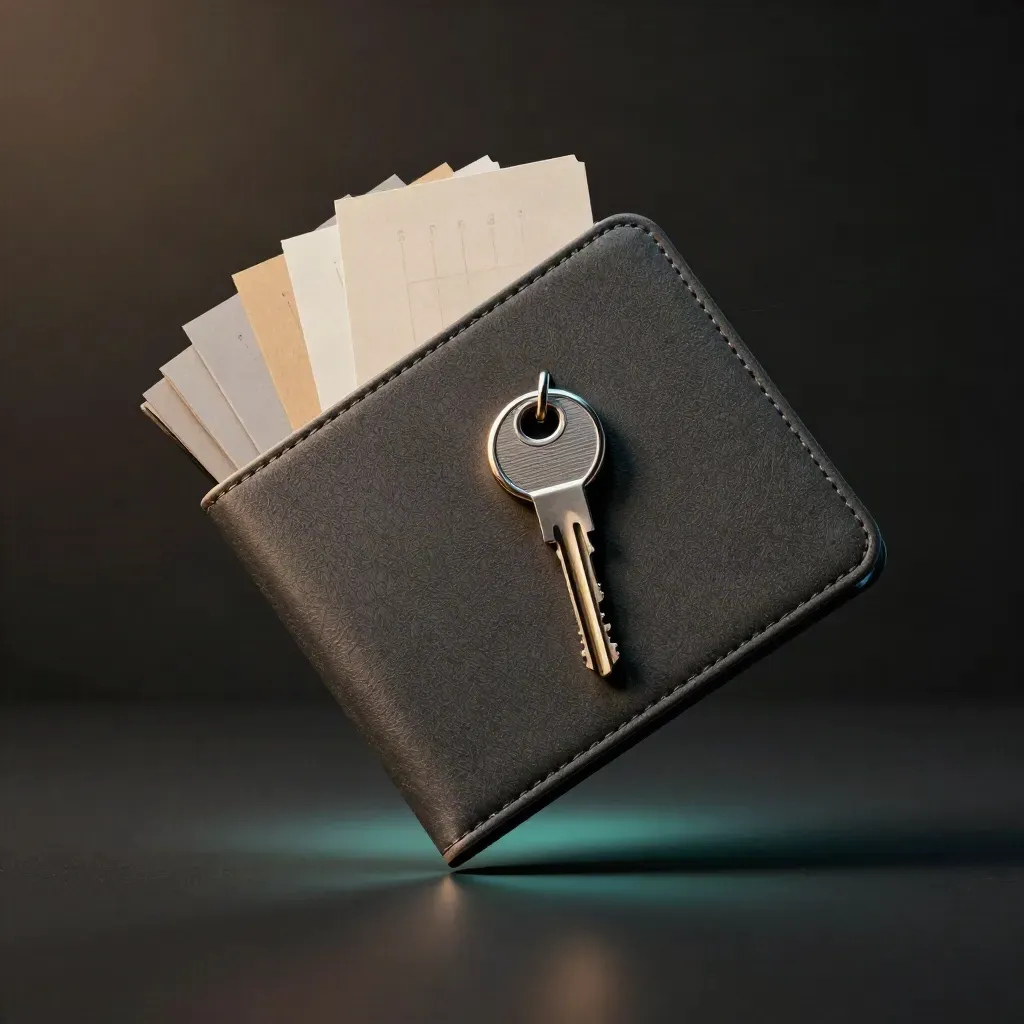 Floating mortgage broker kit with folder, key, sample tabs and metal clip in dark studio light.