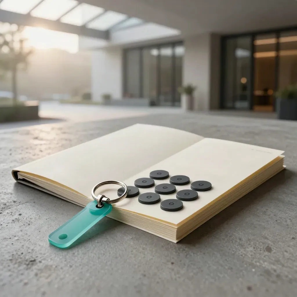 Ottawa home search kit on concrete with key ring, paper folder, and teal tokens.