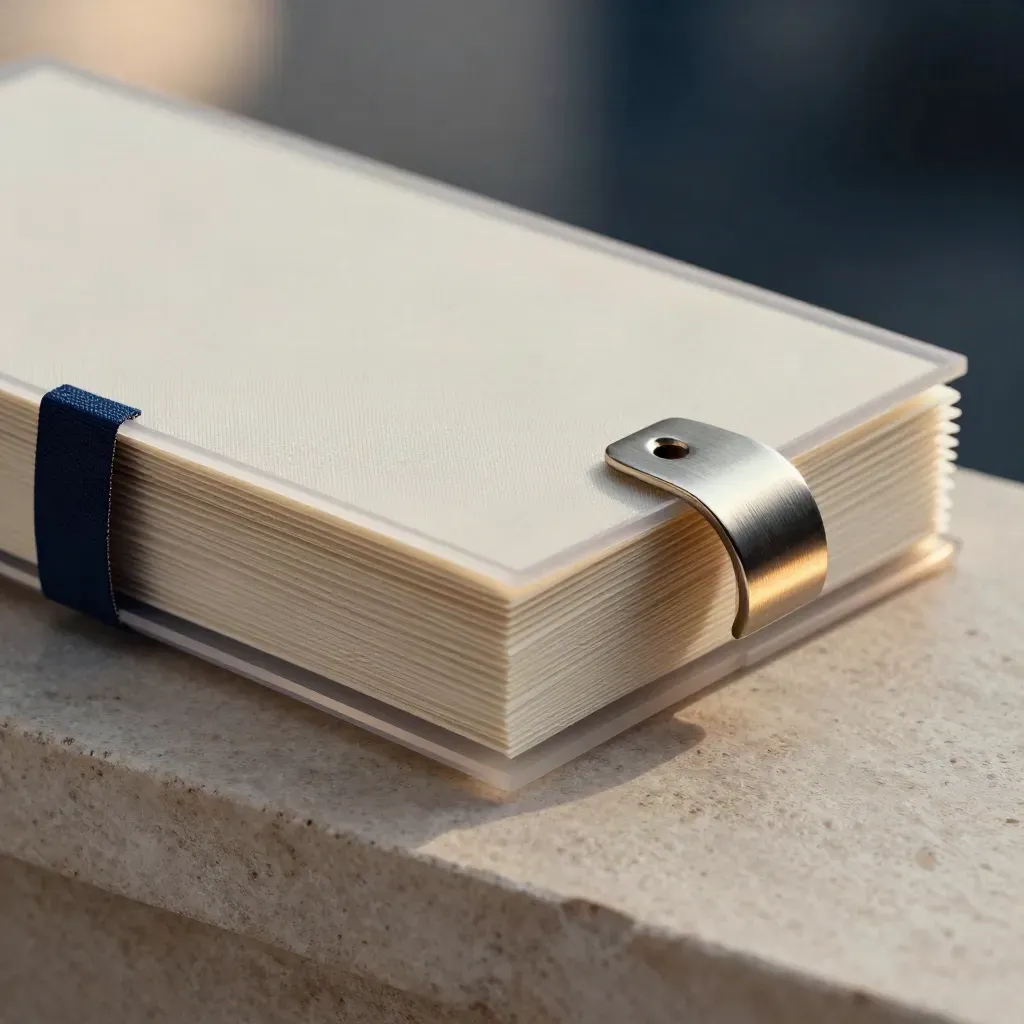 Macro side-profile of acetate dossier layers, metal tab and cream cloth on pale stone with a navy accent.