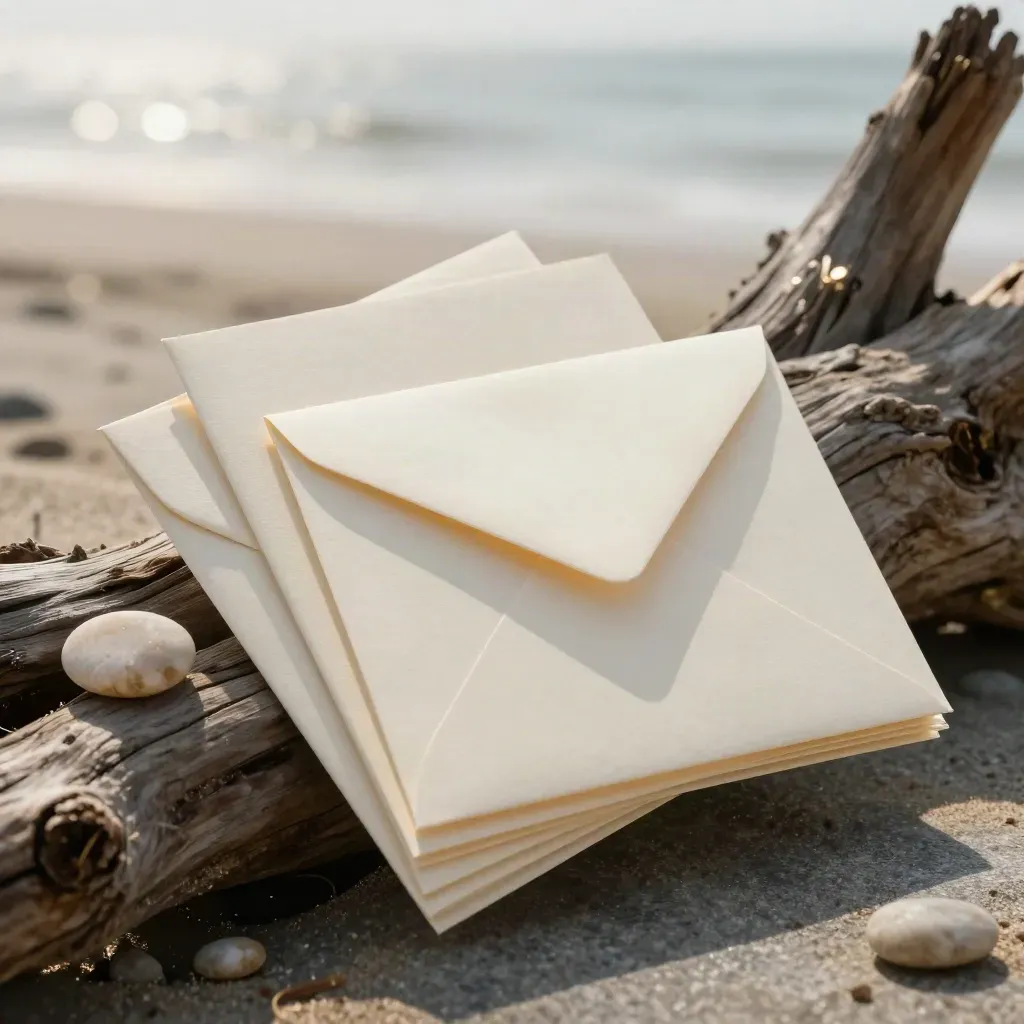 Coastal open house pack on driftwood with shell, pebble and cream envelope in sea mist.