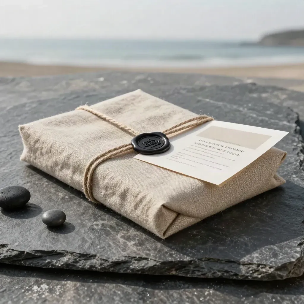 Overhead slate flatlay of a linen-wrapped Halifax closing guide bundle with wax seal and twine.