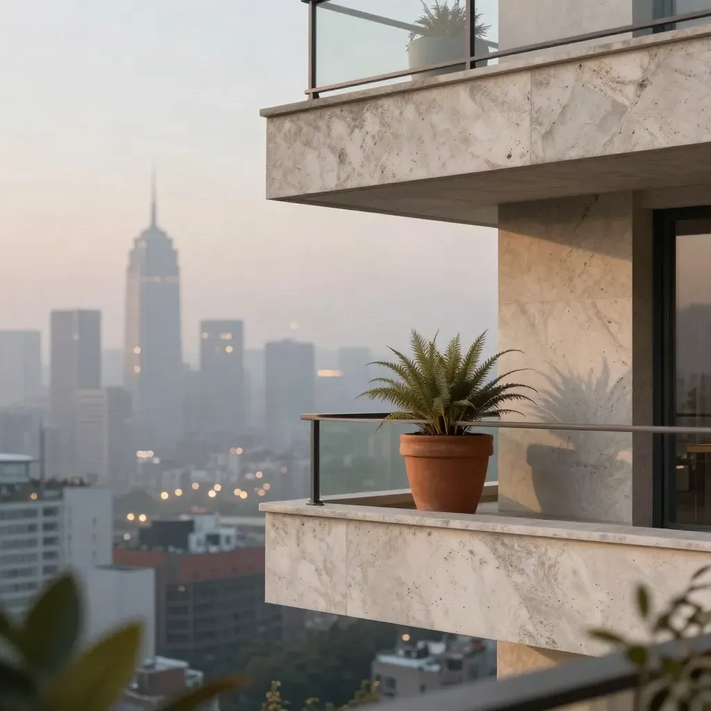 High-rise balcony parapet, wind-brushed plant, and fog-softened city bokeh at blue hour.