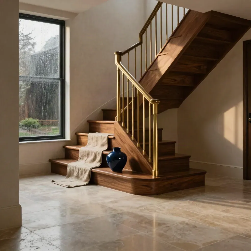 Walnut townhouse foyer with brass rail, rain-lit window, and calm copy space below.