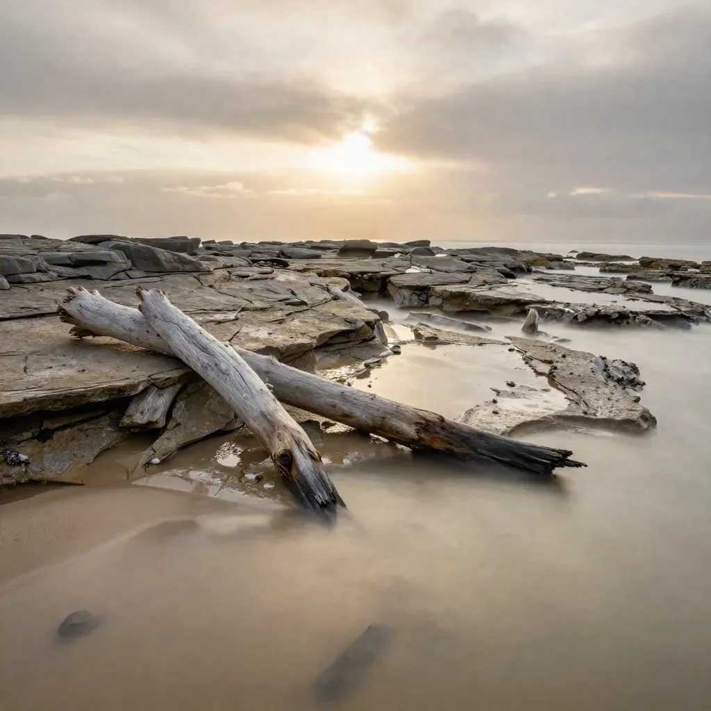 Coastal rock terrace at sunset with tide pools, driftwood, sea mist and open calm water.