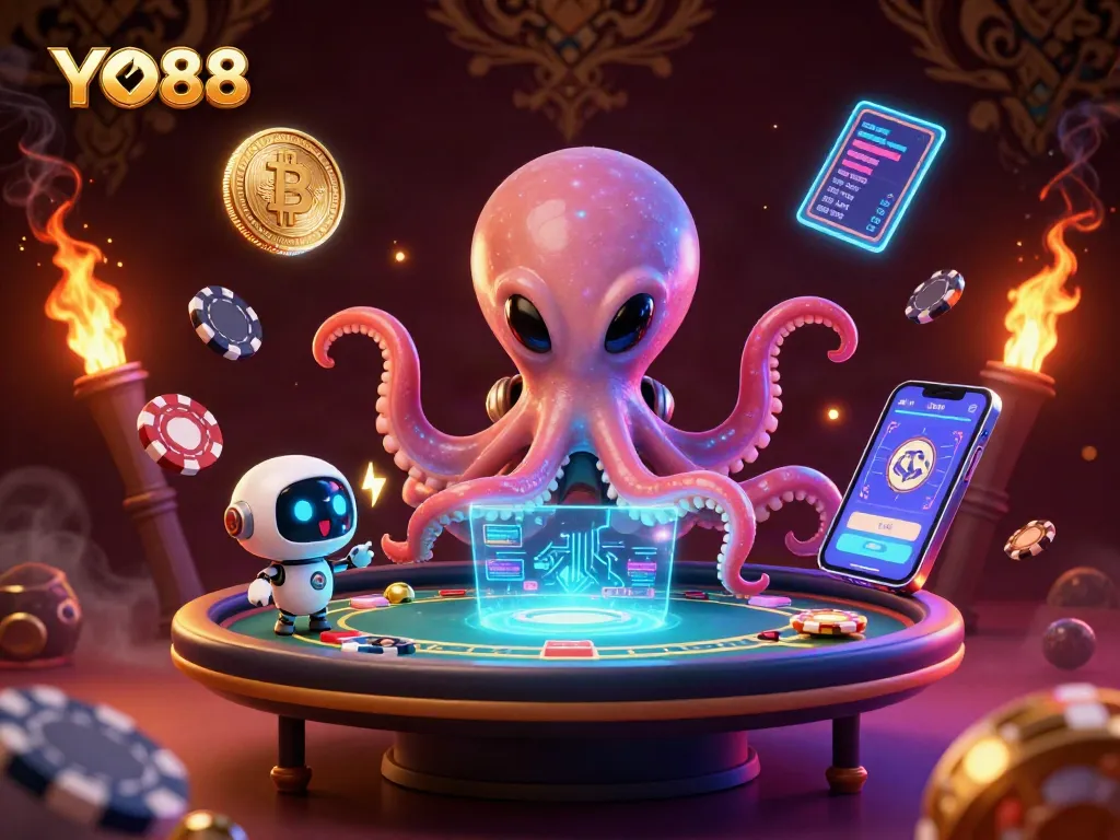 Experience the excitement of YO88 with vibrant alien themes and holographic crypto elements in a dynamic casino scene.