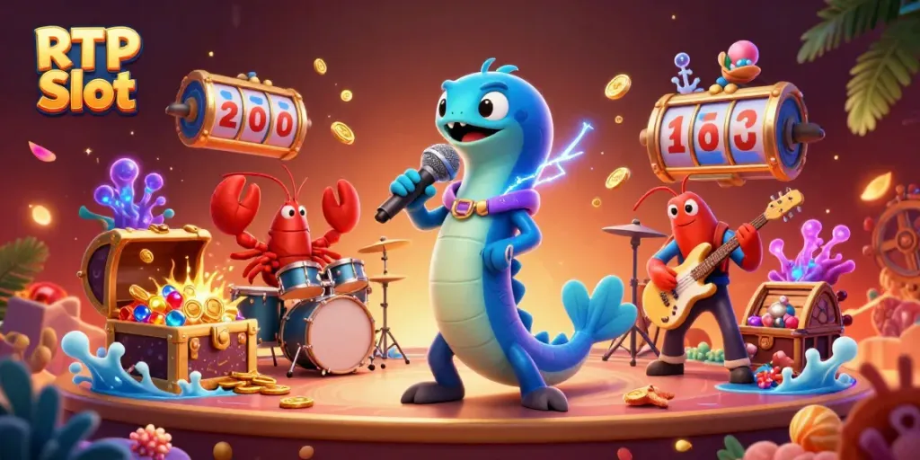 Experience the vibrant RTP Slot scene with a DJ eel and his band at an underwater casino.