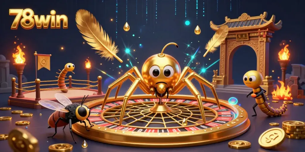 Engage in thrilling bets at 78win with a dynamic scene featuring a golden spider and betting elements.