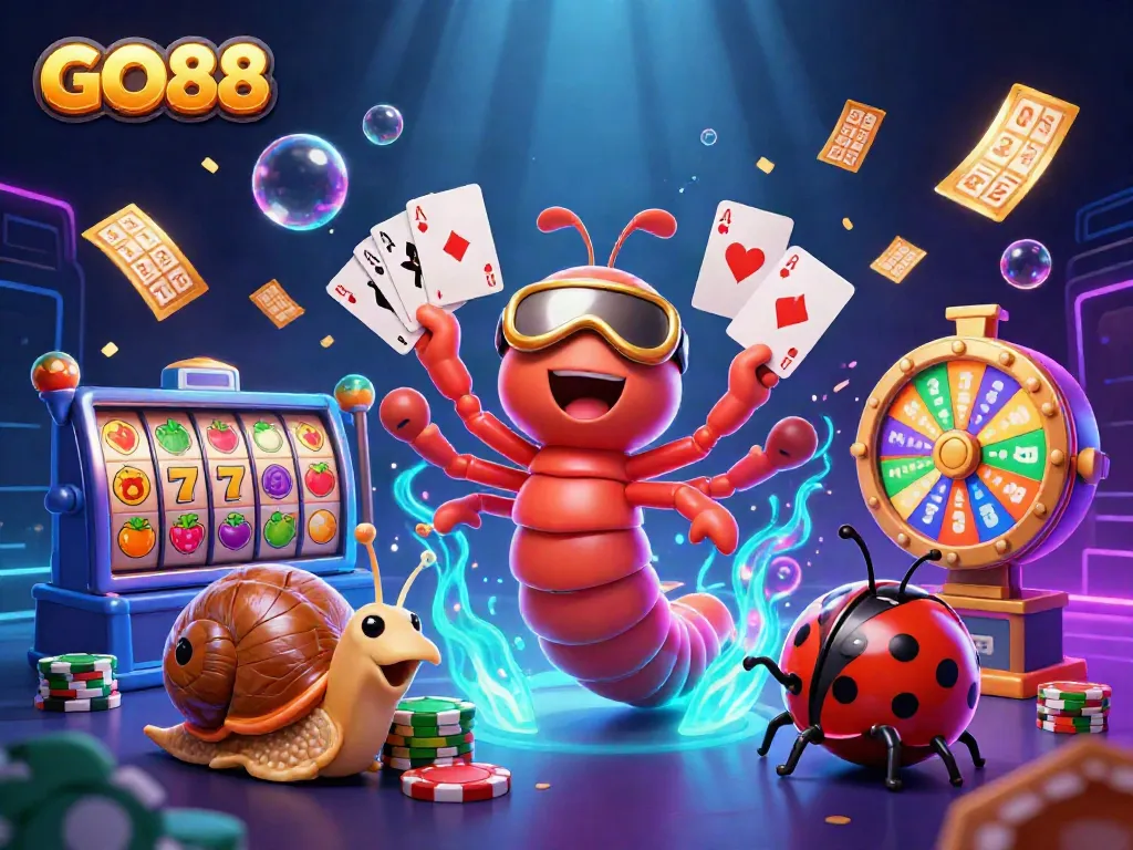 Experience GO88's thrilling slot action with colorful characters and vibrant casino elements in this detailed illustration.