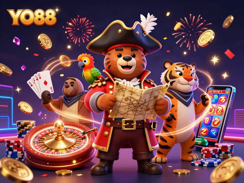 Experience thrilling gameplay at YO88 with pirates, tigers, and cascading riches in a vibrant casino atmosphere.